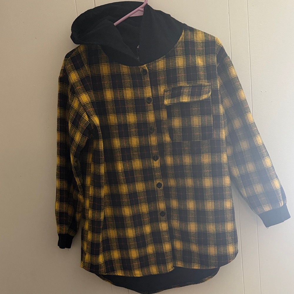 Yellow and Black Plaid Hooded Shirt Jacket